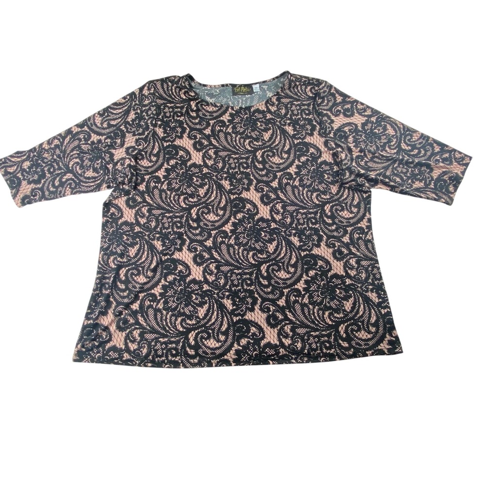 Bob Mackie Wearable Art Pink Black Lace Print Top 2X Elbow Sleeve